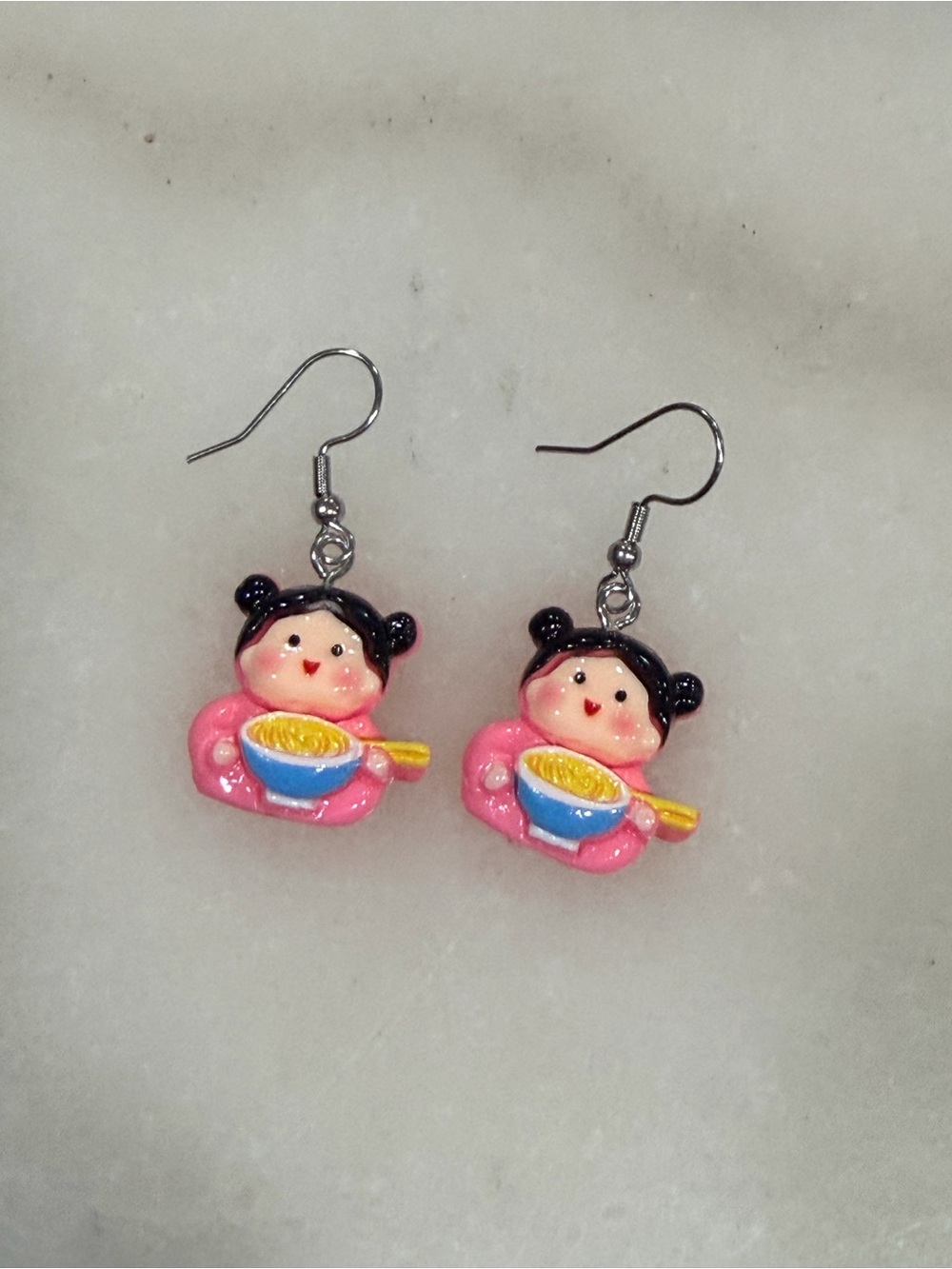 Pink Girl with Noodle Bowl Dangle Earrings Handmade Novelty Jewelry